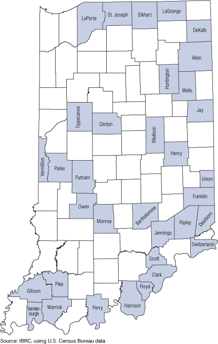 Figure 3: Counties Where Unincorporated Places are Growing Faster than Incorporated Places, 2005 to 2007