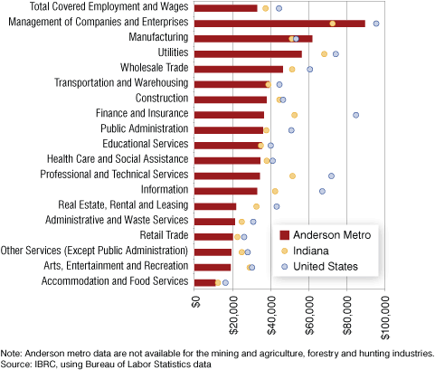 Figure 4: Average Annual Wages by Industry in the Anderson Metro, Indiana and the United States, 2007