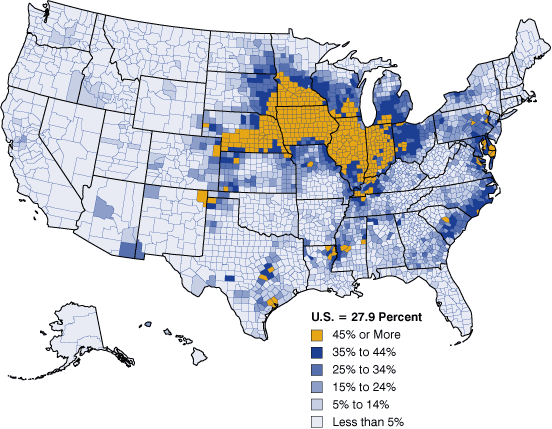 Figure 1: Acres of Corn Harvested for Grain as a Percent of of Harvested Cropland Acreage, 2007