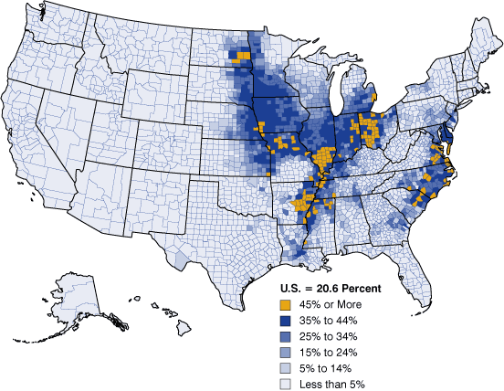 Figure 2: Acres of Soybeans Harvested for Beans as a Percent of Harvested Cropland Acreage, 2007