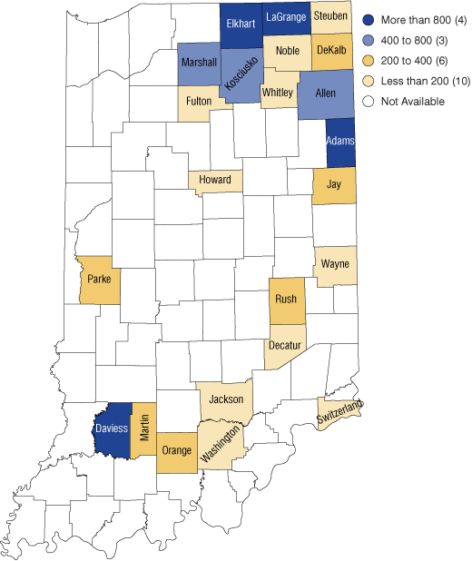 Figure 3:Number of Amish Adherents by Indiana County, 2000