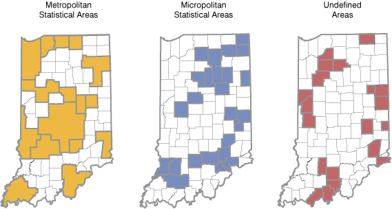 Figure 1: Maps of Indiana's Metros, Micros and Undefined Areas