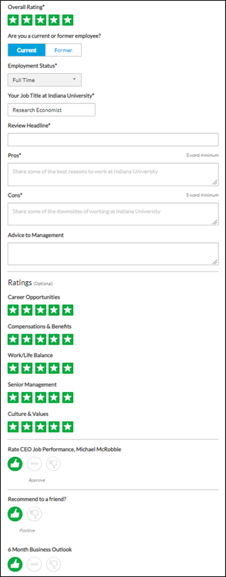 Screenshot asking: overall rating, are you a current or former employee, employment status, job title, pros, cons, advice to management, category ratings, CEO rating, recommend to a friend, 6 month business outlook
