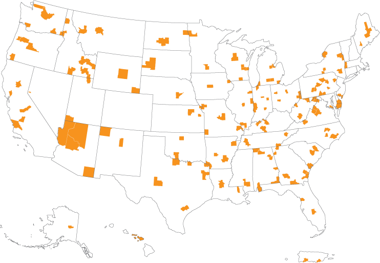Map of all metros nationwide below the 100,000 threshold