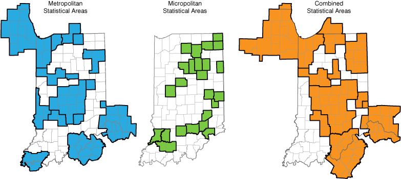 3 small maps of Indiana showing metros, micros and combined statistical areas