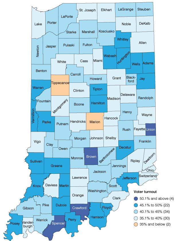 County map of Indiana shaded by voter turnout percentage in the 2022 midterm election.