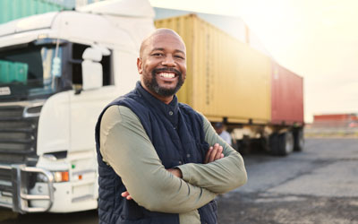 A smiling truck driver wearing a navy blue vest standing with his arms folded in front of his truck.