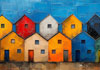 A colorful textured painting of two rows of houses lined up next to each other.